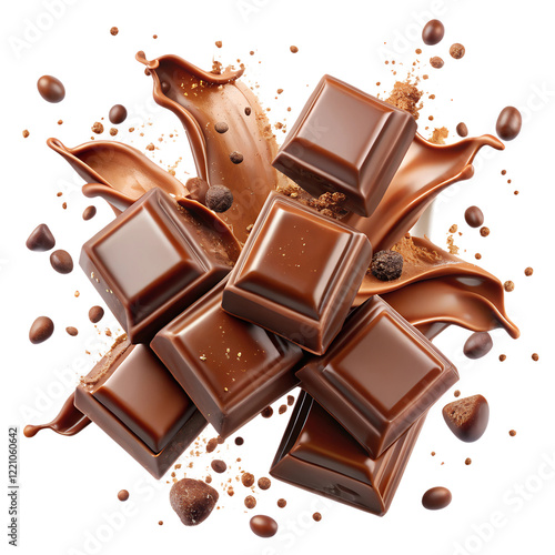 A stack or pieces dark chocolate of broken chocolate pieces with transparent background
