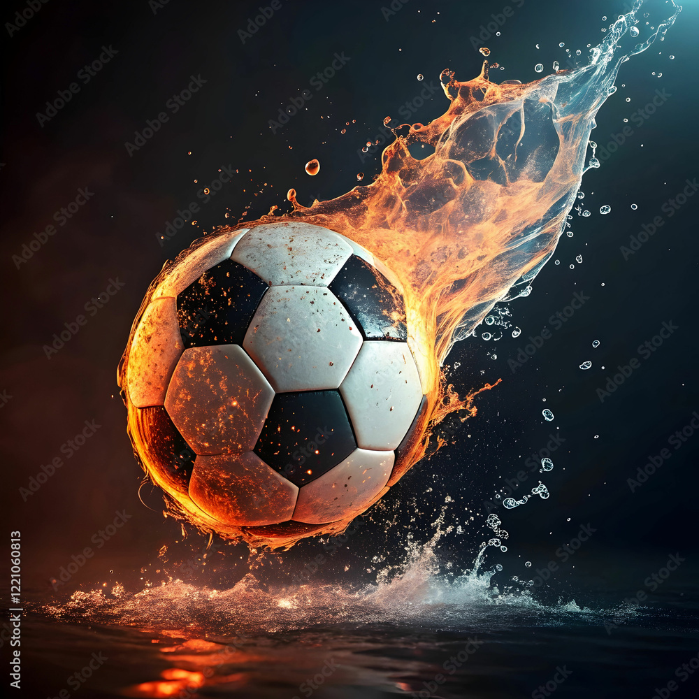Fototapeta premium soccer ball on fire rotating with water splash