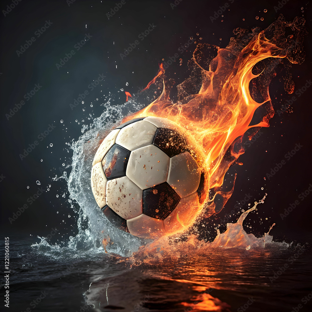 Naklejka premium soccer ball on fire rotating with water splash
