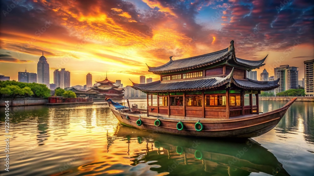 Obraz premium Traditional Sampan Boat at Sunset, Hong Kong Harbour Architectural Photography