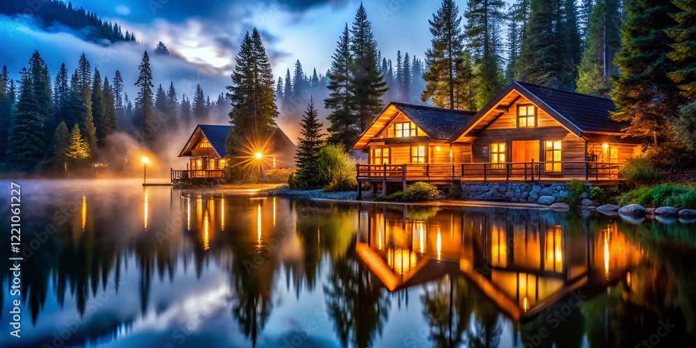 Fototapeta premium Tranquil Lakeside Luxury Cabins Illuminated at Night - Stunning Low Light Photography