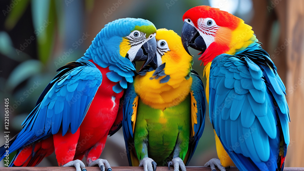 Naklejka premium Colorful Parrots Sharing a Loving Moment