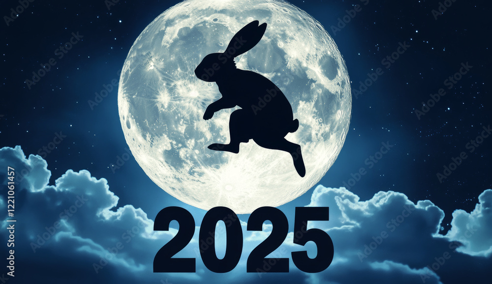 Naklejka premium A rabbit jumps across the night sky with a bright full moon in the background. There is also a piece of the picture marked