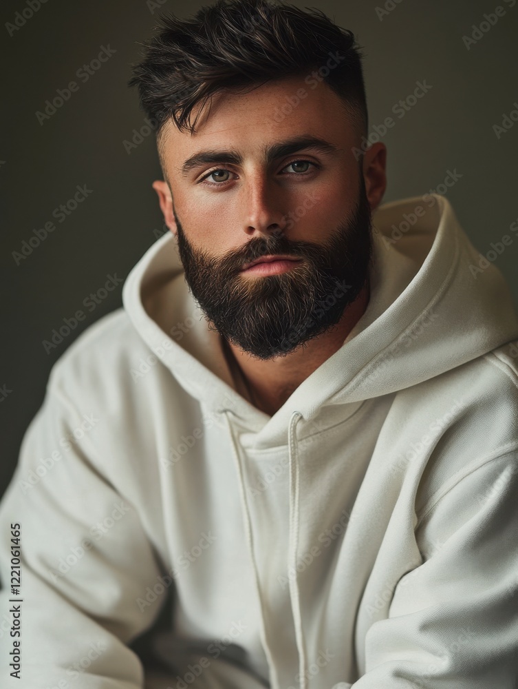 Fototapeta premium A man with a beard, wearing a plain white hoodie