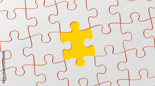 White jigsaw puzzle game texture incomplete or missing piece. Top view.