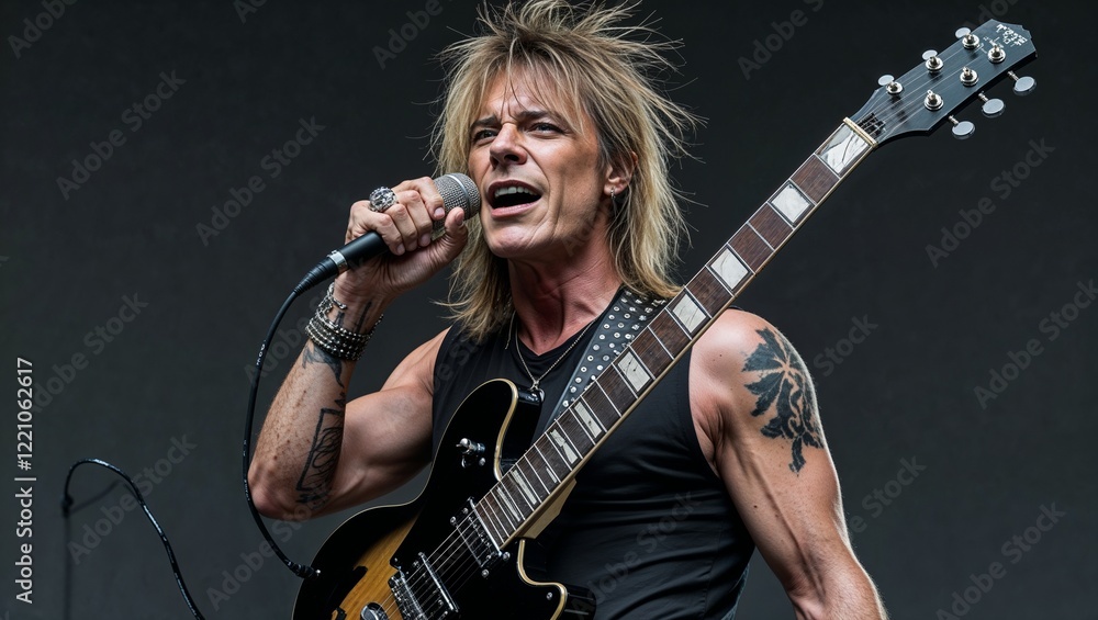 Fototapeta premium Charismatic Rock Singer Performing On Stage in Concert