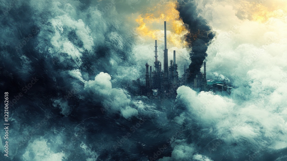 Obraz premium Artistic depiction of industrial factories and their pollution, smoke intertwining into abstract shapes, [industrial pollution], [environmental concept]