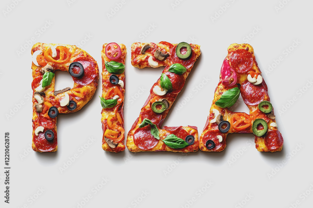 Pizza letters formed from pizza slices displayed on a wooden table with fresh ingredients surrounding them Pizza letters formed from pizza slices displayed on a wooden table with fresh ingredients surrounding them