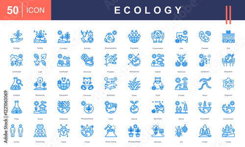 Icons illustrating Ecology concepts, including biodiversity, ecosystems, conservation, climate, organisms, habitat, symbiosis, photosynthesis, and sustainability. Ideal for environmental projects.
