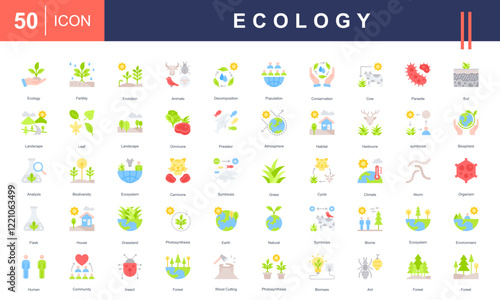 Icons illustrating Ecology concepts, including biodiversity, ecosystems, conservation, climate, organisms, habitat, symbiosis, photosynthesis, and sustainability. Ideal for environmental projects.