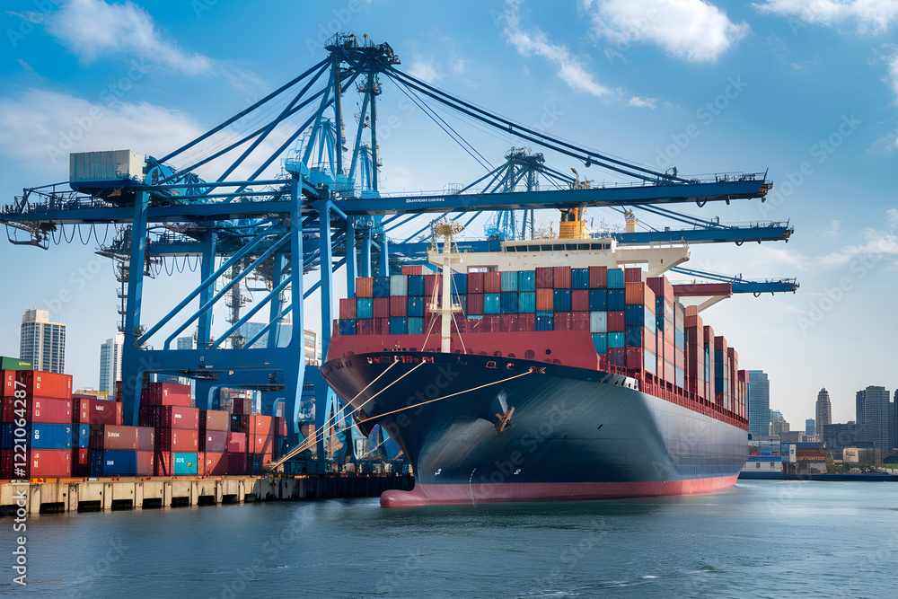Naklejka premium Large container ship docking at commercial port with loading cranes
