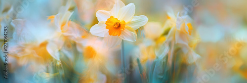 Daffodils in springtime. Defocused spring flowers. Soft focus and motion blur. Spring banner.