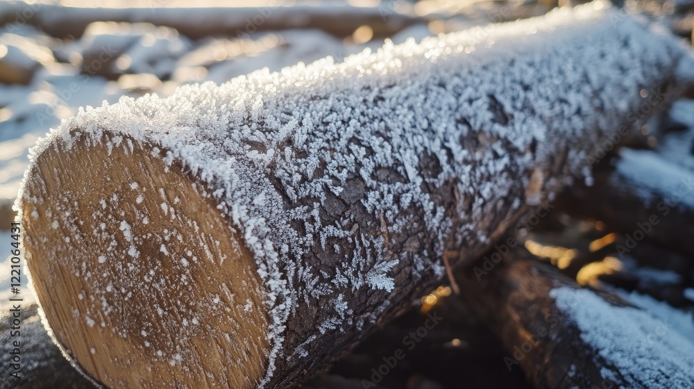Fototapeta premium Frost Covered Log Winter Sunlight Scene