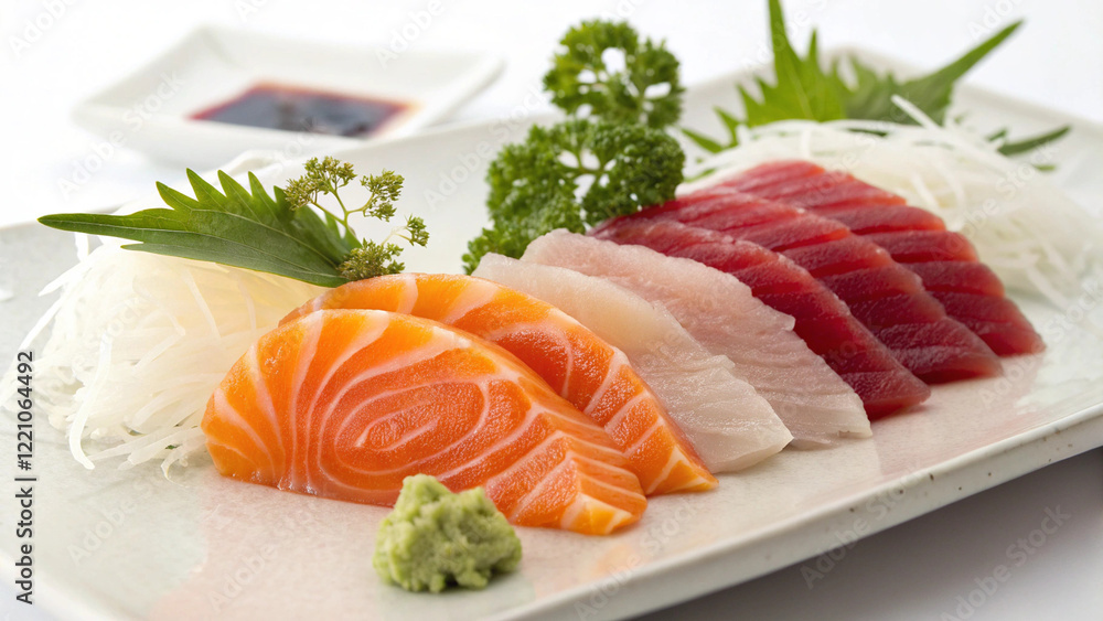 Salmon, tuna, dolly fish, Japanese food, sashimi on a white background Salmon, tuna, dolly fish, Japanese food, sashimi on a white background