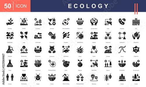 Icons illustrating Ecology concepts, including biodiversity, ecosystems, conservation, climate, organisms, habitat, symbiosis, photosynthesis, and sustainability. Ideal for environmental projects.