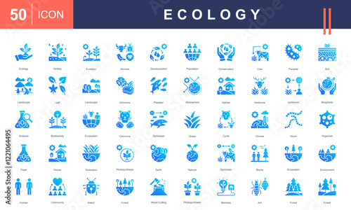 Icons illustrating Ecology concepts, including biodiversity, ecosystems, conservation, climate, organisms, habitat, symbiosis, photosynthesis, and sustainability. Ideal for environmental projects.