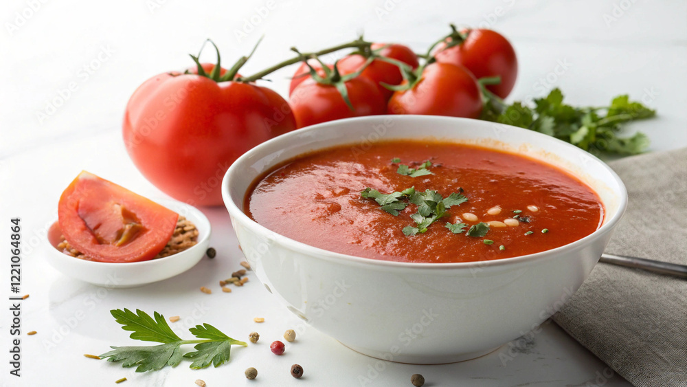 Tomato soup in a white bowl Tomato soup in a white bowl