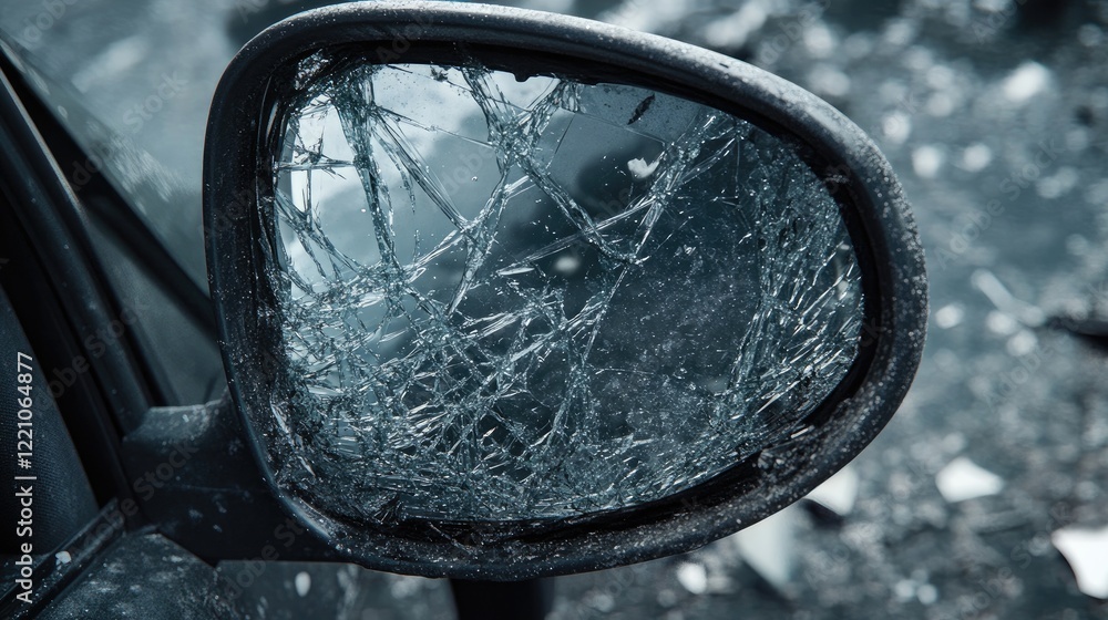 A detailed image of a broken car mirror with a road reflection, surrounded by debris of shattered glass, highlighting the collision's impact. A detailed image of a broken car mirror with a road reflection, surrounded by debris of shattered glass, highlighting the collision's impact.