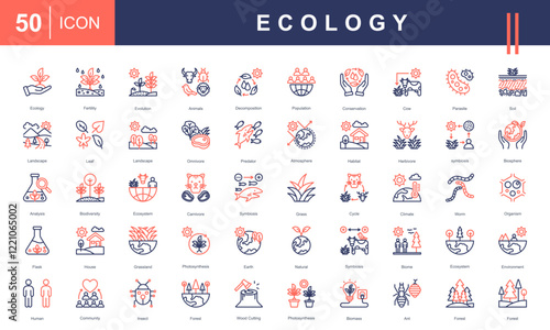 Icons illustrating Ecology concepts, including biodiversity, ecosystems, conservation, climate, organisms, habitat, symbiosis, photosynthesis, and sustainability. Ideal for environmental projects.