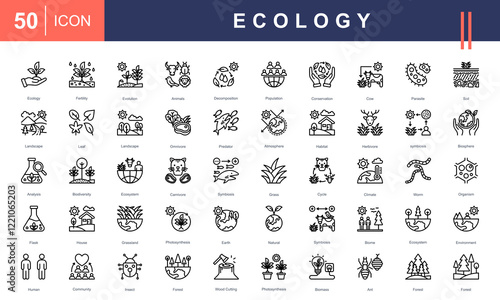 Icons illustrating Ecology concepts, including biodiversity, ecosystems, conservation, climate, organisms, habitat, symbiosis, photosynthesis, and sustainability. Ideal for environmental projects.