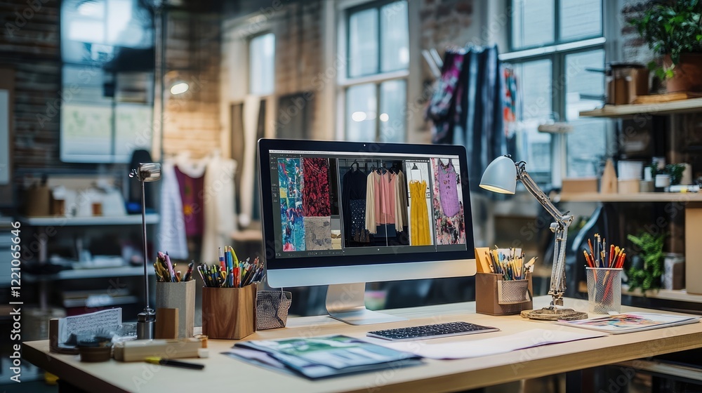 A digital fashion design workstation with a computer screen displaying a design, complemented by a mannequin ready for clothing prototyping. A digital fashion design workstation with a computer screen displaying a design, complemented by a mannequin ready for clothing prototyping.