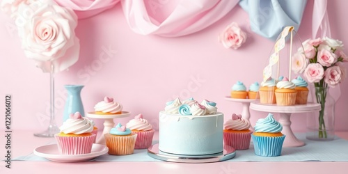 A pink and blue themed dessert table with cupcakes and cake, cake stand, spring treats, pink and blue desserts photo