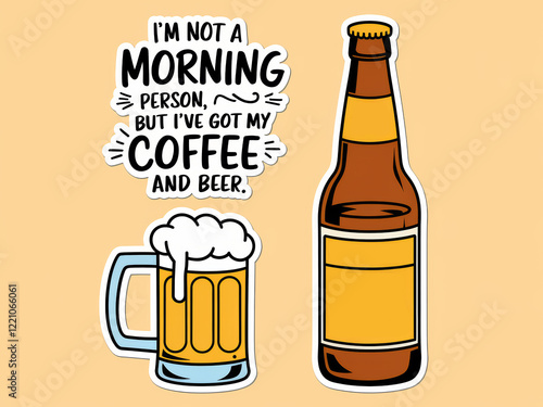 Coffee and beer humor with cartoon mug and bottle illustration