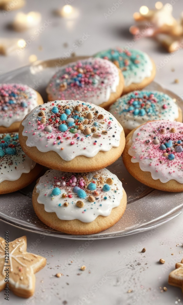 A plate of sparkling cookies adorned with glittery frosting and sprinkles , cookies, festive, sprinkles A plate of sparkling cookies adorned with glittery frosting and sprinkles , cookies, festive, sprinkles