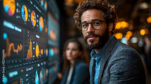 Wallpaper Mural A vibrant photography of a business analyst presenting a detailed report on a large screen to a focused team, with graphs and statistics clearly visible. Torontodigital.ca