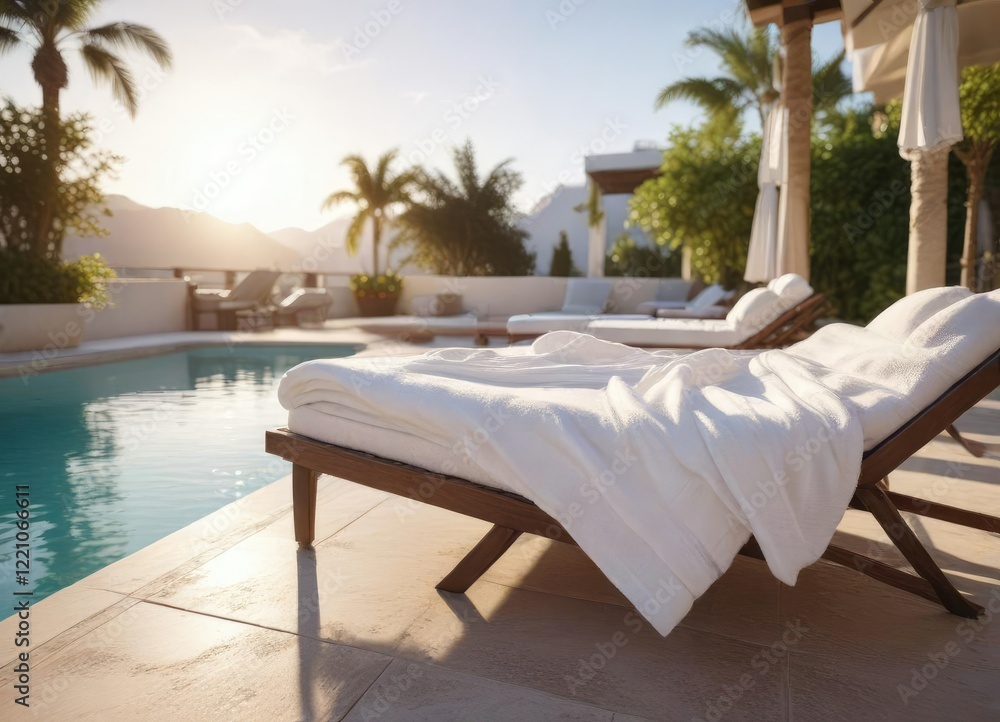 custom made wallpaper toronto digitalA plush white towel draped elegantly over a sunbed beside a serene and sparkling pool at a high-end hotel, spa, clarity, relaxation