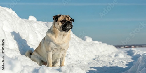 A pug sits on its haunches in the center of a large snowdrift with its ears perked up and eyes shining bright, dog, haunches, frosty, serene photo