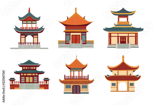 Ancient asian house building vector set, asian traditional building facade clip art image, flat design illustration
