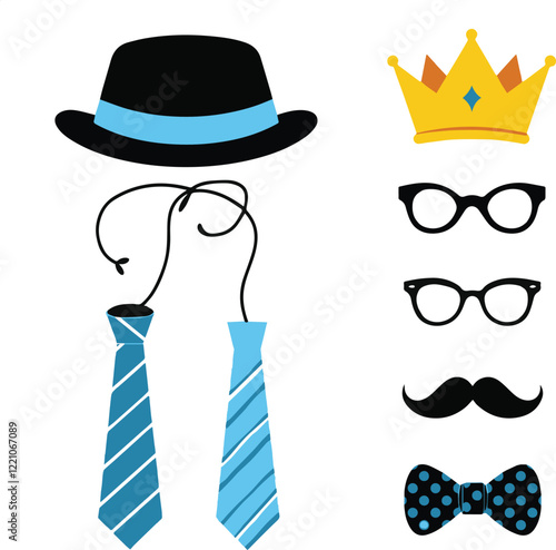 Strong man mustache hat golden crown eyeglasses tie bow tie flat style icon signs set