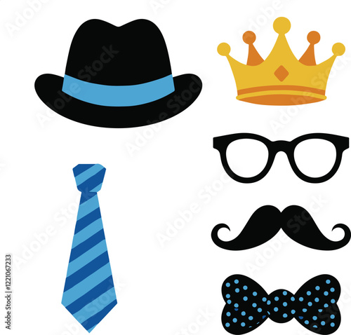 Strong man mustache hat golden crown eyeglasses tie bow tie flat style icon signs set