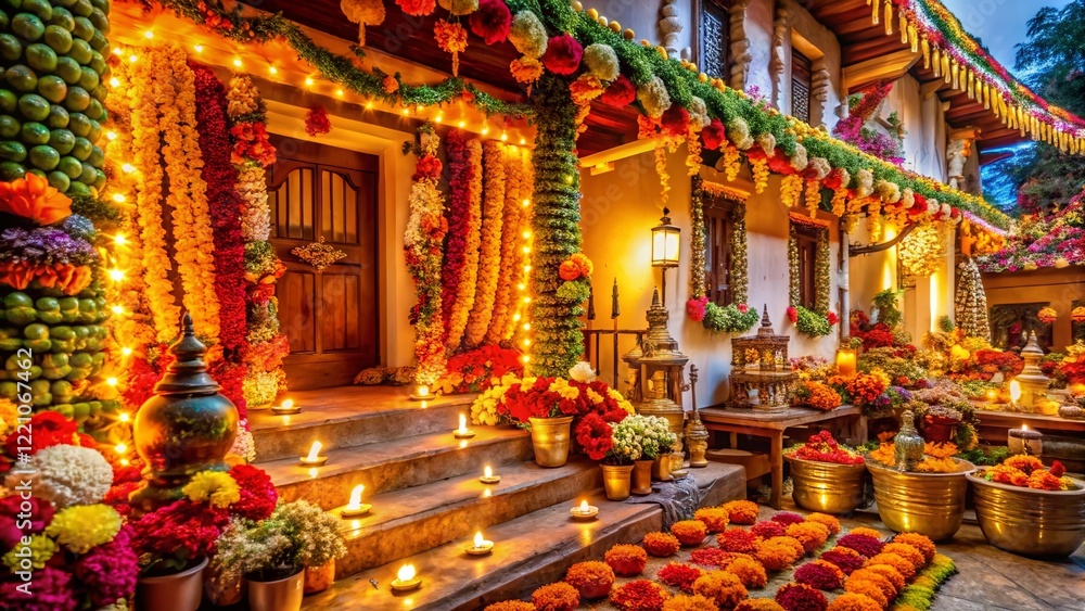 Fototapeta premium Vibrant Flower & Candle Festival Decorations: Traditional Architecture Photography