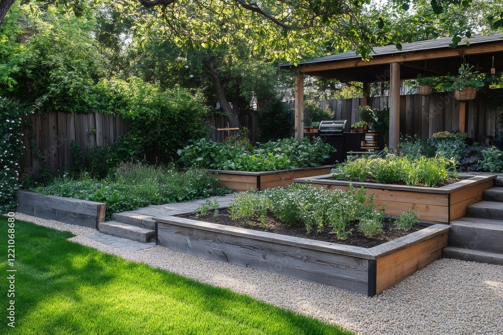 Raised garden beds thriving in a backyard with covered patio Raised garden beds thriving in a backyard with covered patio