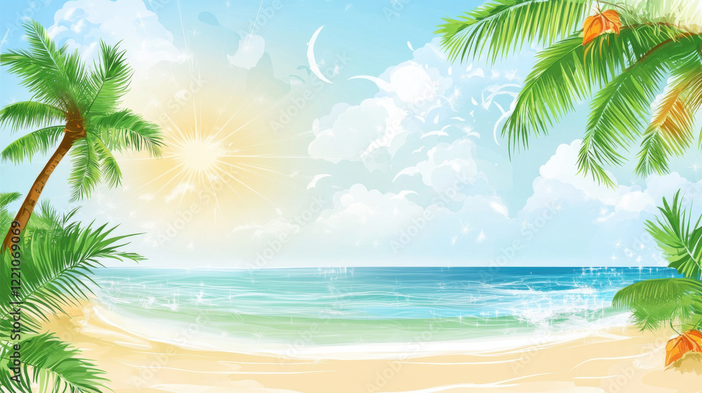 Fototapeta premium vibrant summer beach scene with palm trees and bright sun