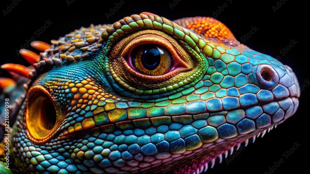 Obraz premium Vibrant Lizard Portrait: Close-Up Colorful Reptile Face on Black Background - Low Light Photography Stock Image