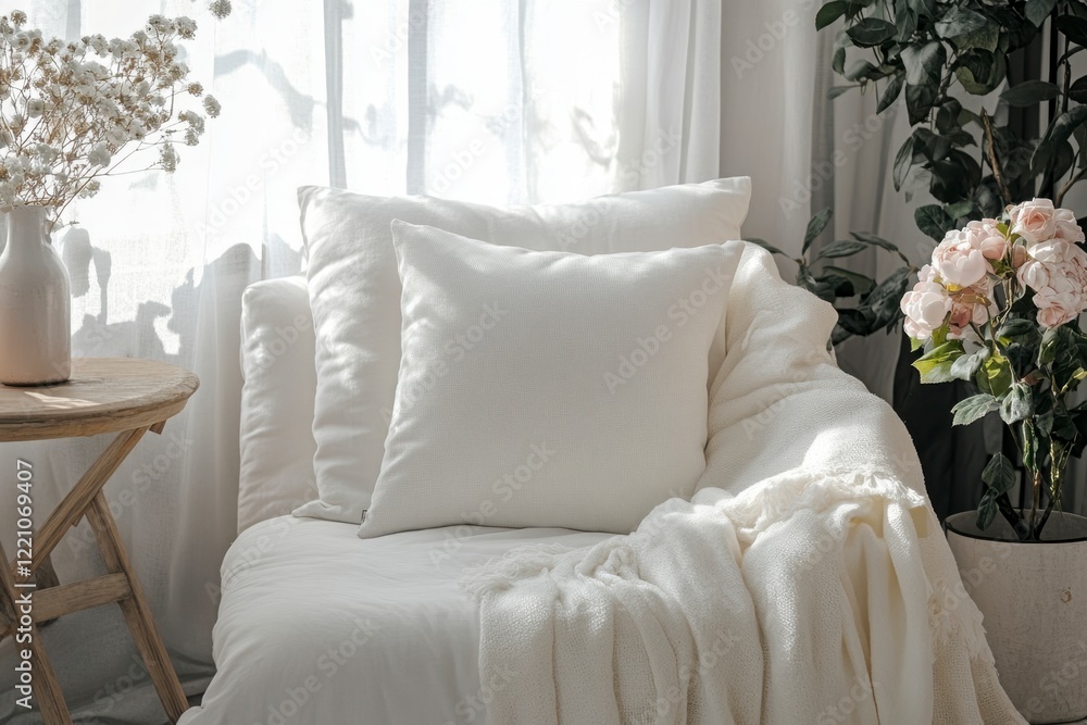 Cozy and Serene Living Room with Soft Textiles and Fresh Flowers Cozy and Serene Living Room with Soft Textiles and Fresh Flowers