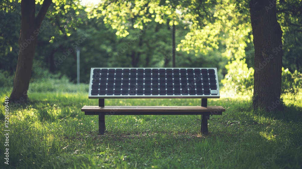 Solar Panel Park Bench in a Green Setting Solar Panel Park Bench in a Green Setting