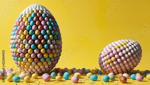 Creative Easter design, large Easter eggs made from colorful small eggs on a yellow background, Happy Easter 2026