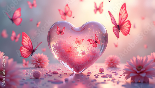 Heart-shaped glass with butterflies and pink flowers