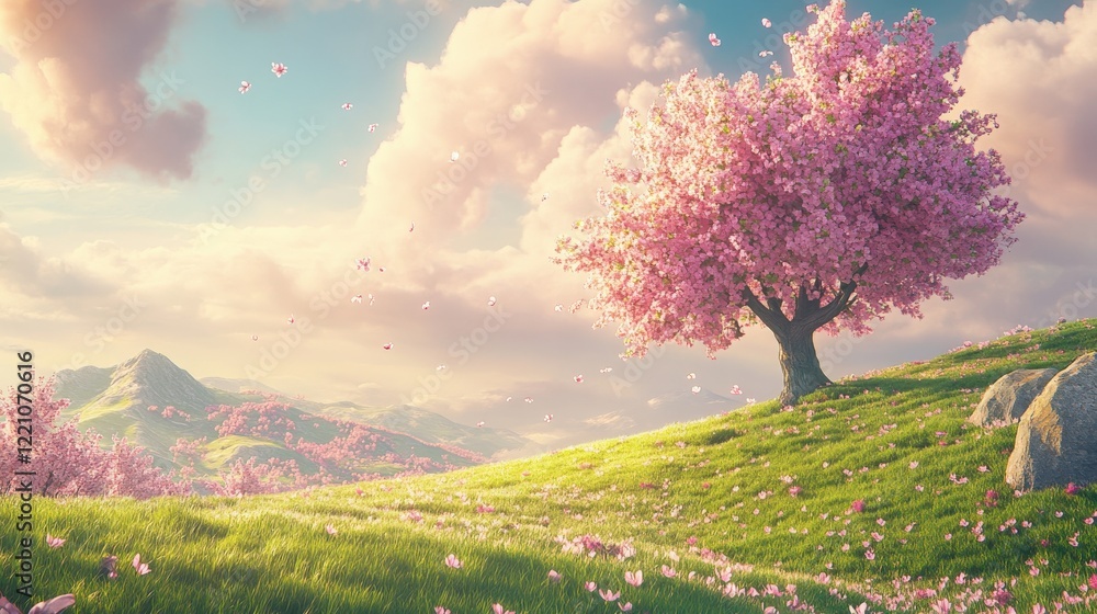Peaceful Sky with Fluffy Clouds and Blossoming Tree Peaceful Sky with Fluffy Clouds and Blossoming Tree
