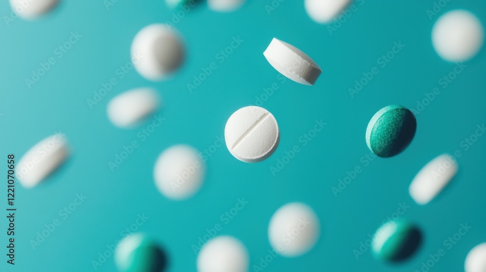 A vibrant display of floating pills in various colors against a turquoise background, creating a visually appealing composition. A vibrant display of floating pills in various colors against a turquoise background, creating a visually appealing composition.