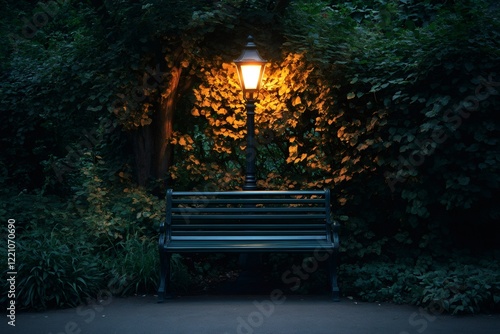 Empty bench illuminated by street lamp in a park at night photo