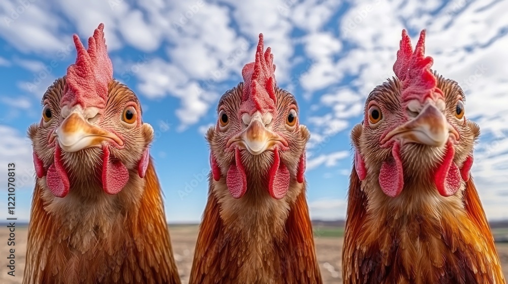 Naklejka premium Three chickens are featured prominently, with vivid details and a backdrop of clouds, showcasing their unique personalities and farm life.