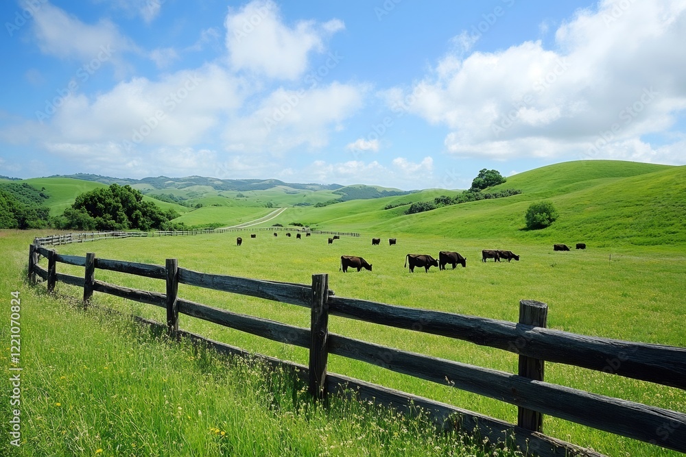 Black Angus cattle grazing in a green field with wooden fence in California Black Angus cattle grazing in a green field with wooden fence in California