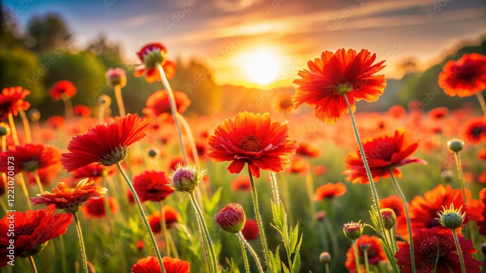 Vibrant Red Flowers: Blooming Stems in Lush Meadow Landscape Vibrant Red Flowers: Blooming Stems in Lush Meadow Landscape