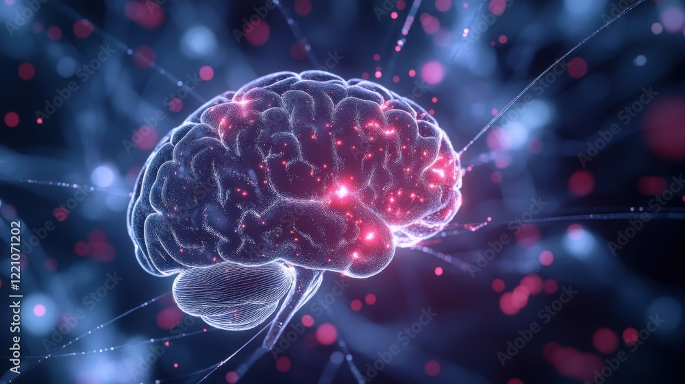 Front view of a 3D brain model emphasizing the neural pathways, with highlighted connections between different brain regions. Front view of a 3D brain model emphasizing the neural pathways, with highlighted connections between different brain regions.