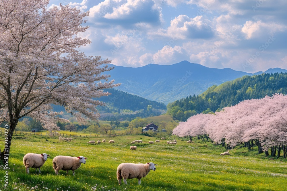 Obraz premium Sheep grazing in green meadow with cherry blossoms and mountains in springtime